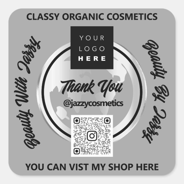 Vielen Dank QRCode Logo Silver Map Globe Gray Quadratischer Aufkleber (Vorderseite)