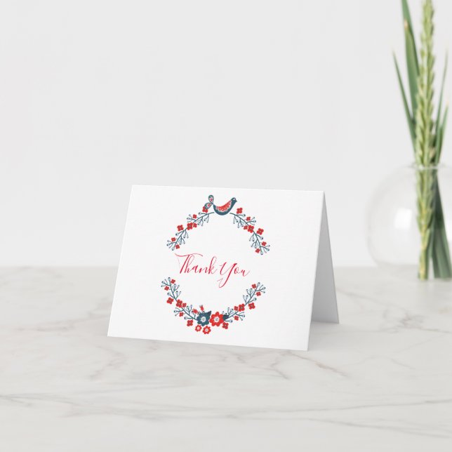 Vielen Dank Red Floral Bird Modern Card (Vorderseite)
