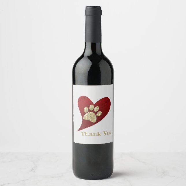 Vielen Dank Red Heart Gold Paw Print Wertschätzung Weinetikett (Vorderseite)