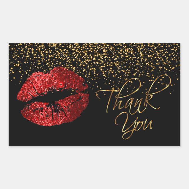 Vielen Dank - Red Lips mit Gold Confetti Rechteckiger Aufkleber (Vorderseite)