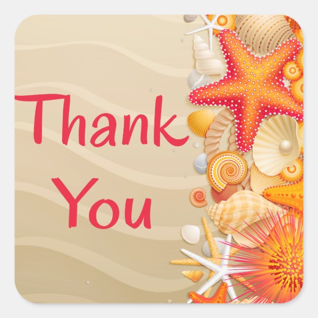 Vielen Dank, Red & Orange Seashell, Starfish Brown Quadratischer Aufkleber (Vorderseite)