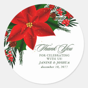 Vielen Dank Red Poinsettia Pine Greenery Tree Verl Runder Aufkleber