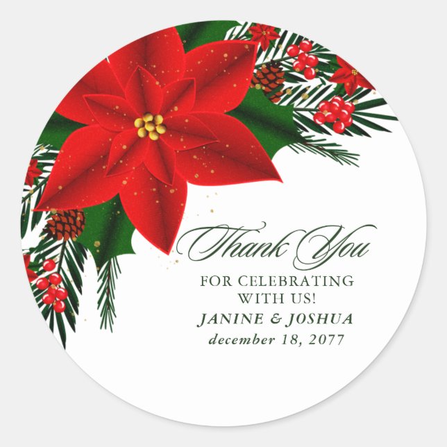 Vielen Dank Red Poinsettia Pine Greenery Tree Verl Runder Aufkleber (Vorderseite)