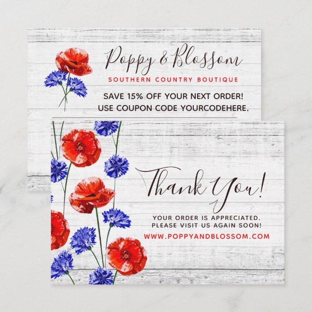 Vielen Dank Red Poppy & Cornflower Rustic Wood Car Einladung (Vorne/Hinten)