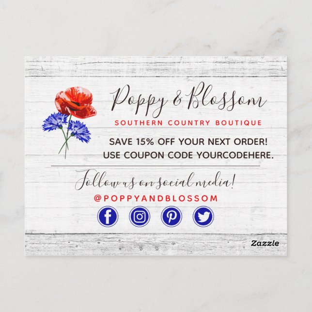 Vielen Dank Red Poppy & Cornflower Rustic Wood Postkarte (Rückseite)