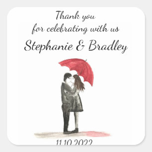 Vielen Dank Red Regenschirm Wedding Newlyweds Eleg Quadratischer Aufkleber