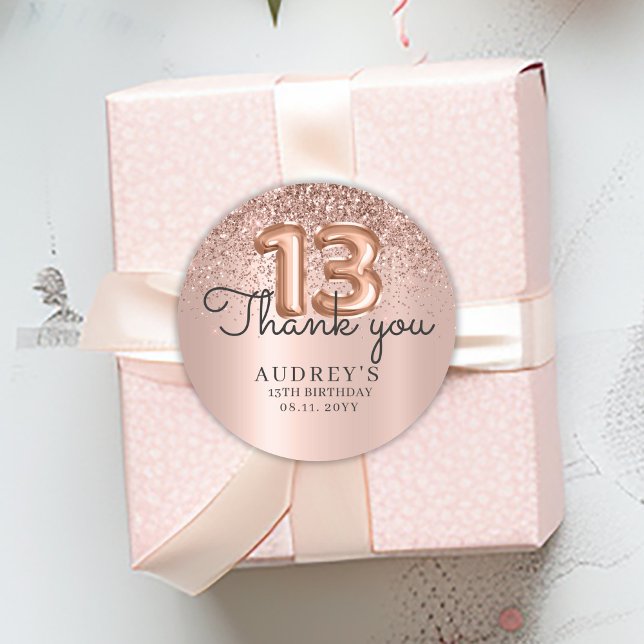 Vielen Dank Rose Gold Glitzer Balloon 13. Geburtst Runder Aufkleber (Von Creator hochgeladen)