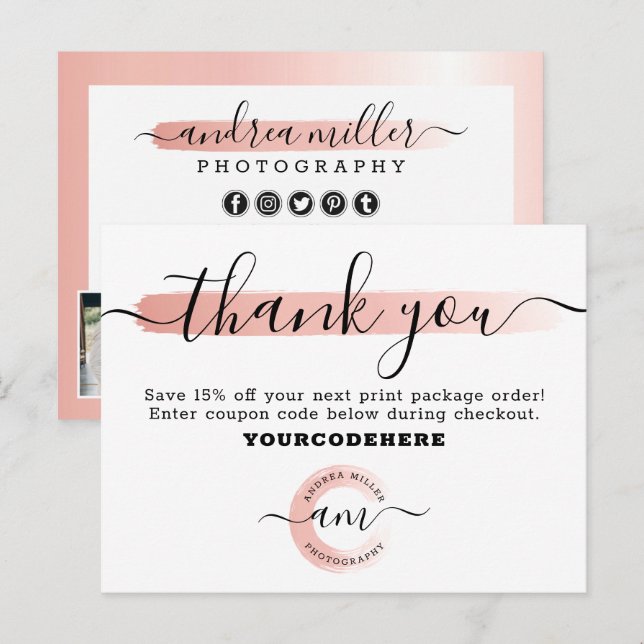 Vielen Dank Rose Gold Minimalistisch Marketing Fot Postkarte (Vorne/Hinten)