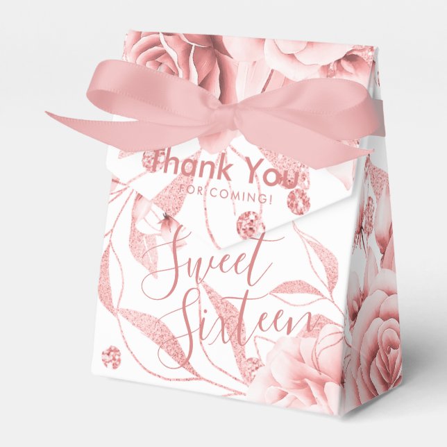 Vielen Dank Rose Gold Sweet 16 Glitzer Floral Geschenkschachtel (Vorderseite)
