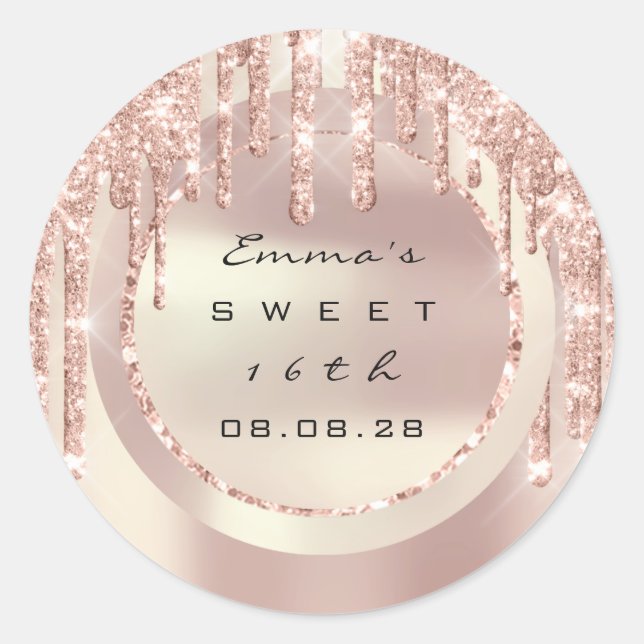 Vielen Dank Rose Tropfen Sweet 16. Glitzer 15. Runder Aufkleber (Vorderseite)