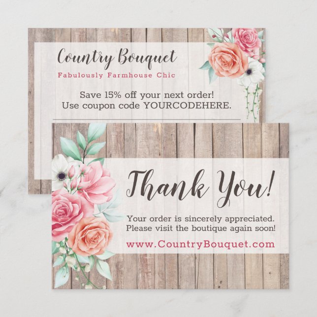 Vielen Dank Rustic Wood Country Farmhouse Rose Car Einladung (Vorne/Hinten)