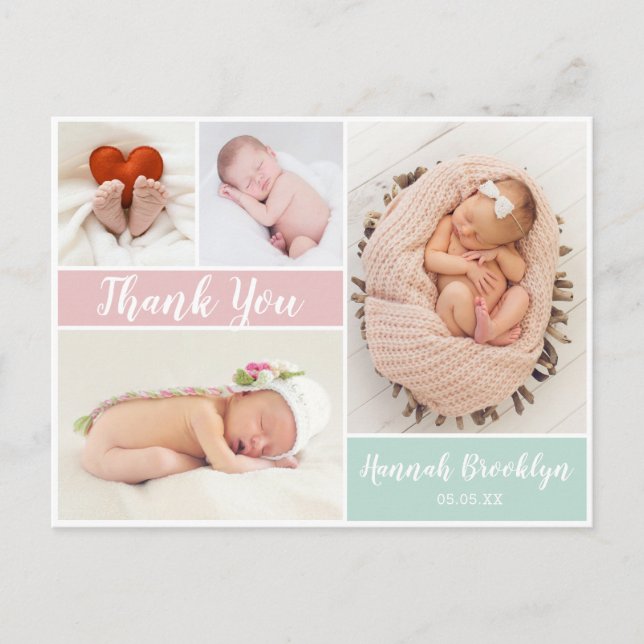 Vielen Dank, Script 4 Foto Collage Birth Announcem Ankündigungspostkarte (Vorderseite)