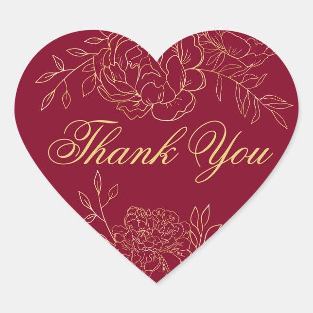 Vielen Dank, Script Burgundy Red Gold Kontur Blume Herz-Aufkleber (Vorderseite)