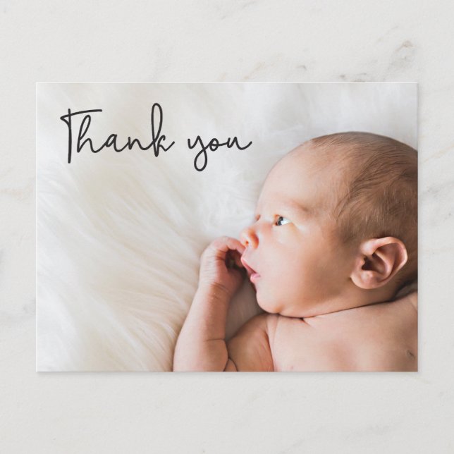 Vielen Dank Script Personalisiert Foto Baby Dusche Ankündigungspostkarte (Vorderseite)