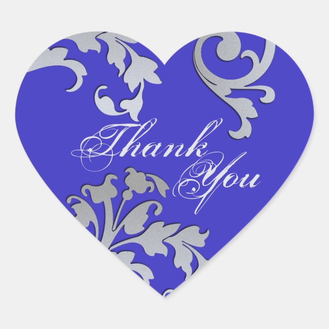 Vielen Dank Siegel - Blue & Silver Floral Wedding Herz-Aufkleber (Vorderseite)