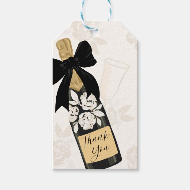 Vielen Dank Sparkling Wine Bottle Black Bow Geschenkanhänger (Vorderseite)