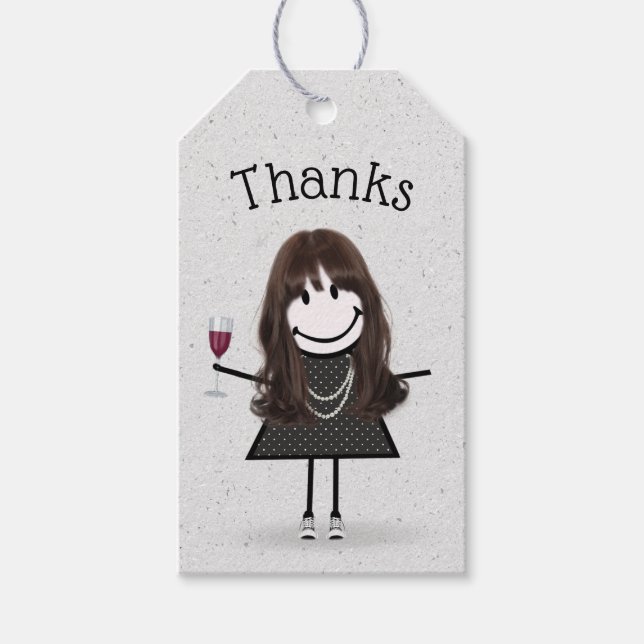 Vielen Dank Strichfigur-Mädchen mit Wein und Sneak Geschenkanhänger (Vorderseite)