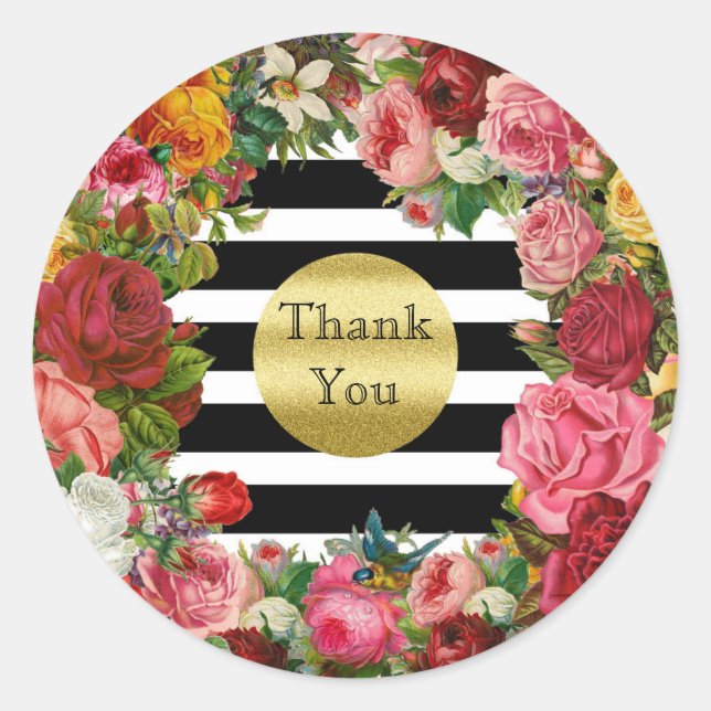 Vielen Dank Stripes Rose Blume Gold Glitzer Trend Runder Aufkleber (Vorderseite)