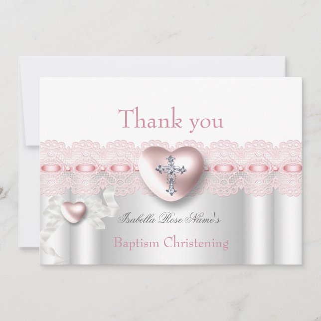 Vielen Dank Taufe Pink Silver Foto Herzkreuz Dankeskarte (Vorderseite)