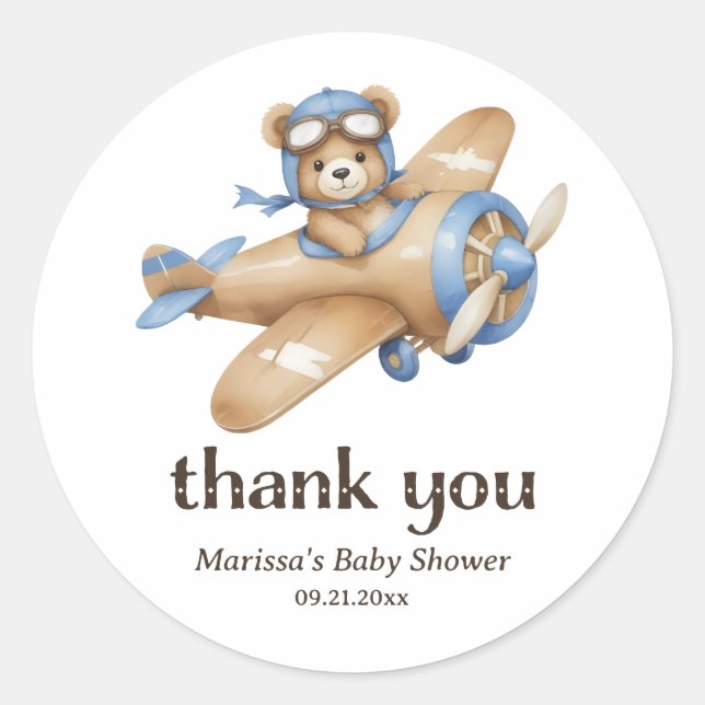 Vielen Dank Teddy Bear Pilot Baby Boy Duschaufkleb Runder Aufkleber (Vorderseite)