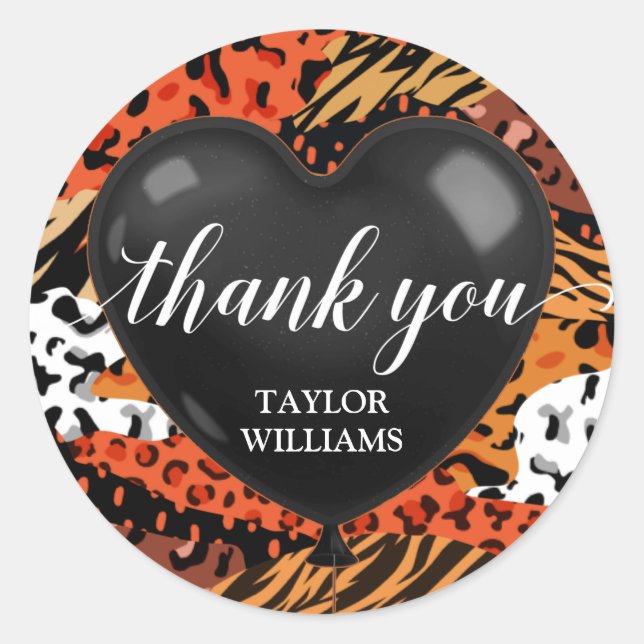 Vielen Dank Text Heart Balloon Animal Print Runder Aufkleber (Vorderseite)