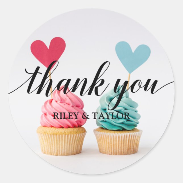 Vielen Dank Text Pink Blue Heart Cupcakes Runder Aufkleber (Vorderseite)
