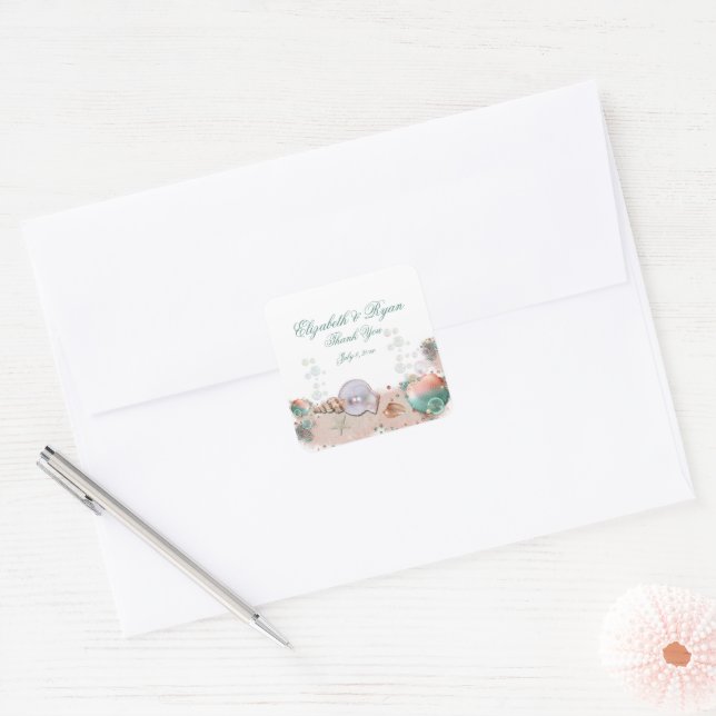 Vielen Dank, Tropical Island Beach Wedding Seashel Quadratischer Aufkleber (Umschlag)