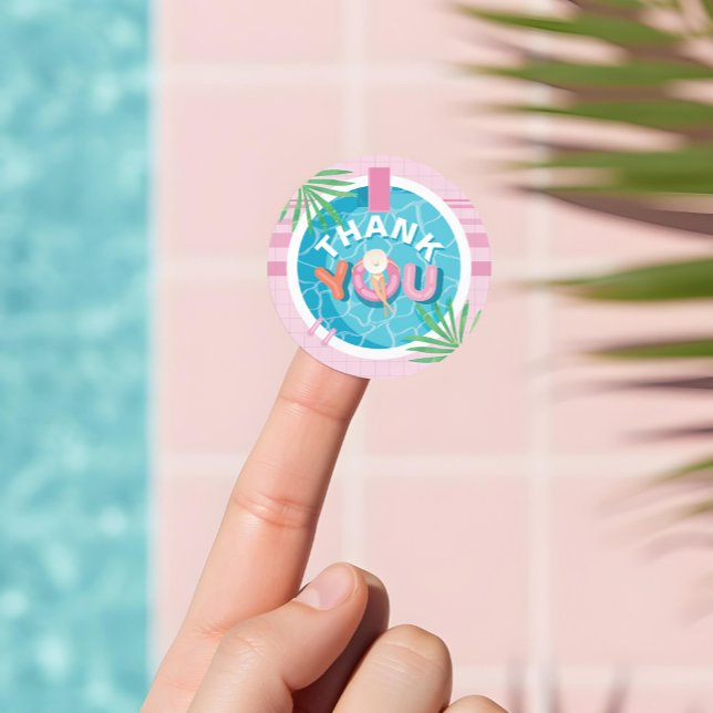 Vielen Dank Tropical Pink Summer Birthday Pool Par Runder Aufkleber (Thank You Tropical Pink Summer Birthday Pool Party Classic Round Sticker)