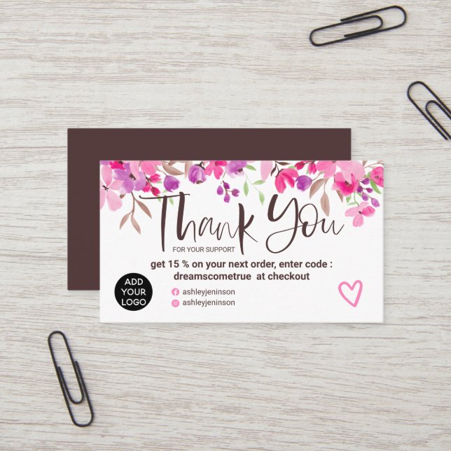 Vielen Dank Typografie Pinsel rosa florale Aquarel Visitenkarte (Vorderseite/Rückseite Beispiel)