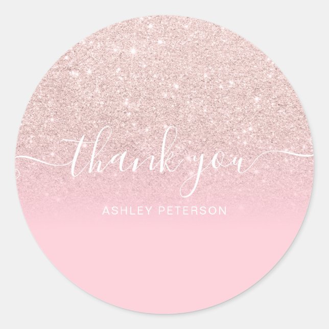 Vielen Dank Typografie Rose Pink Glitzer ombre Runder Aufkleber (Vorderseite)