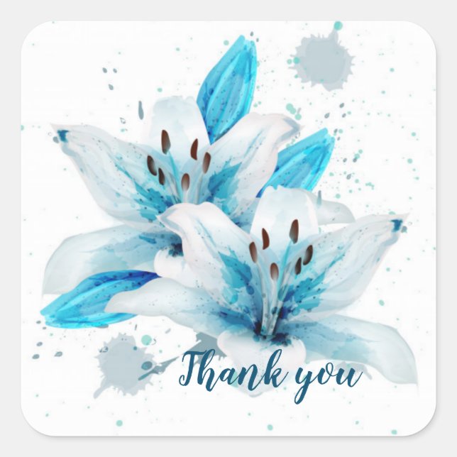 Vielen Dank und die blaue Aquarell-Blume Quadratischer Aufkleber (Vorderseite)