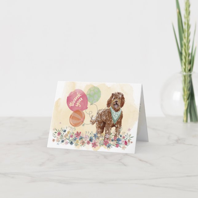 Vielen Dank von Ihnen & Brown Labradoodle & Ballon Dankeskarte (Vorderseite)