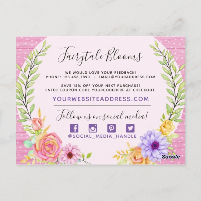 Vielen Dank Whimsical Floral Rose Rustikal Pink Wo Postkarte (Rückseite)