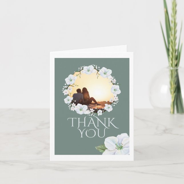 Vielen Dank White Apple Blossom Wreath Foto Weddin Karte (Vorderseite)