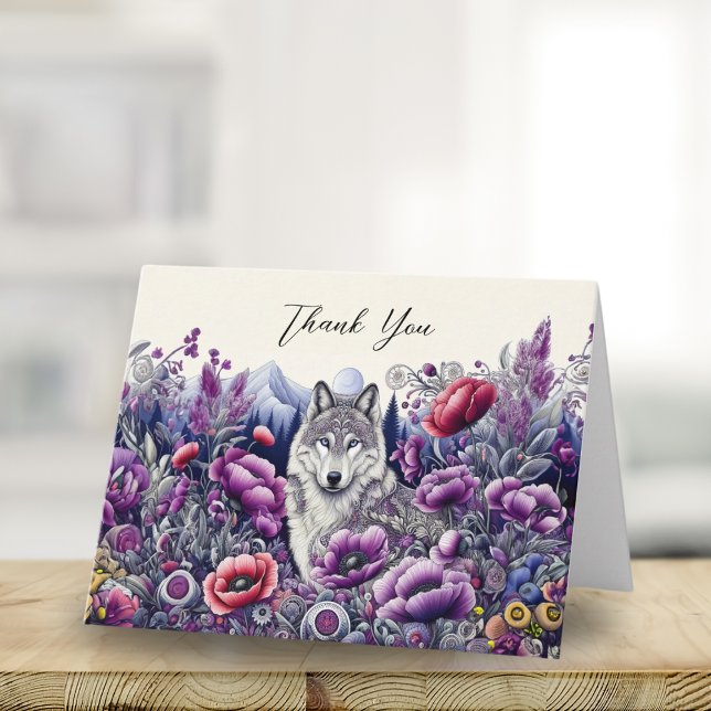 Vielen Dank Wolf Folk Art mit Poppies Karte (Express gratitude with whimsical folk art, perfect for nature enthusiasts.
)