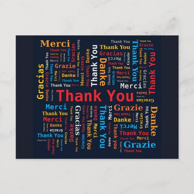 Vielen Dank Word Cloud 5 Sprachen Schwarzer Hinter Postkarte (Vorderseite)