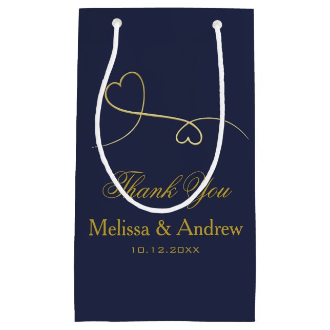 Vielen Dank - zwei elegante Goldene Herzen, blaue  Kleine Geschenktüte (Vorderseite)