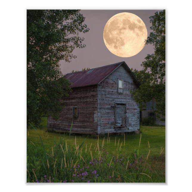 Vielle grange sous une Pleine lune Photo Imprimer (Devant)
