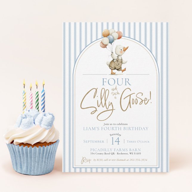 VIER Albern Gänse Niedlich Pinstripe Junge 4. Gebu Einladung (FOUR Silly Goose cute modern arch whimsical ticking pinstripe boy 4th birthday party invitation)