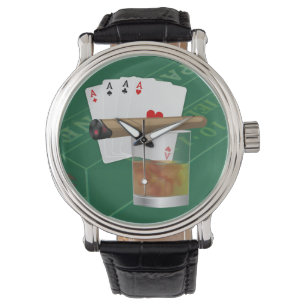 Vier Asse, ein Getränk und ein Zigar Armbanduhr