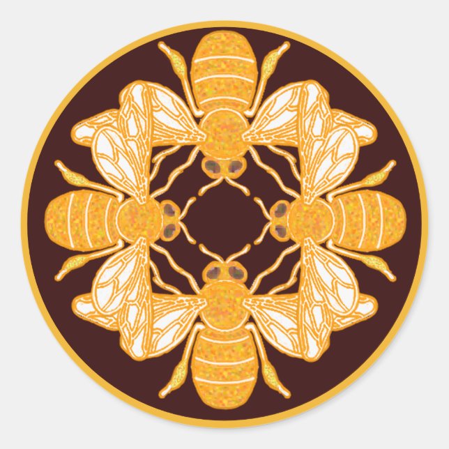 Vier Bienen auf dunkelbraunem Goldfeldrand Runder Aufkleber (Vorderseite)
