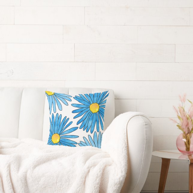 Vier blaue Stifte und Aquarell-Aster-Blume Kissen (Liege)