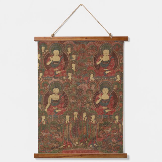 Vier Buddhas im reinen Land-Buddhismus Wandteppich Mit Holzrahmen (Vorderseite)