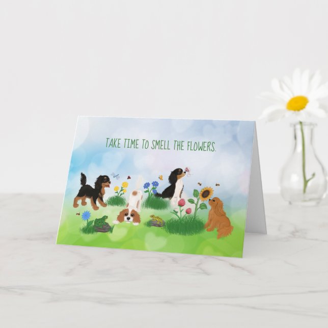 Vier Cavalier-Spaniels in einem Bereich von Blume Karte (Kleine Pflanze)