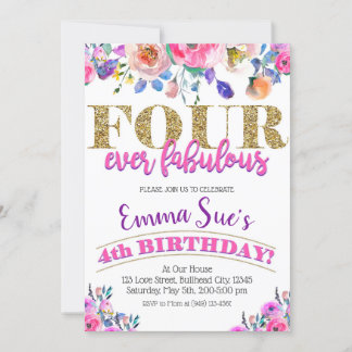 Vier-Ever Fabulous Girls Floral 4. Geburtstag Einladung
