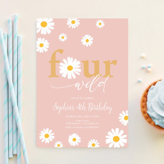 VIER Ever Wild Boho Pink Daisy 4. Geburtstag Einladung