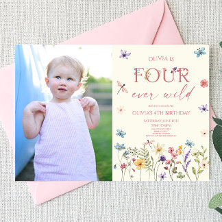 Vier Ever Wild Wildblume Foto 4. Geburtstag Party Einladung