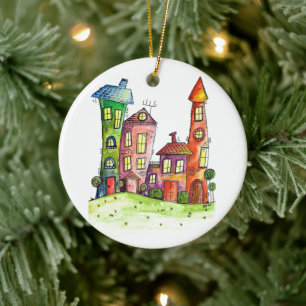 Vier farbige Whimsikhäuser Keramik Ornament