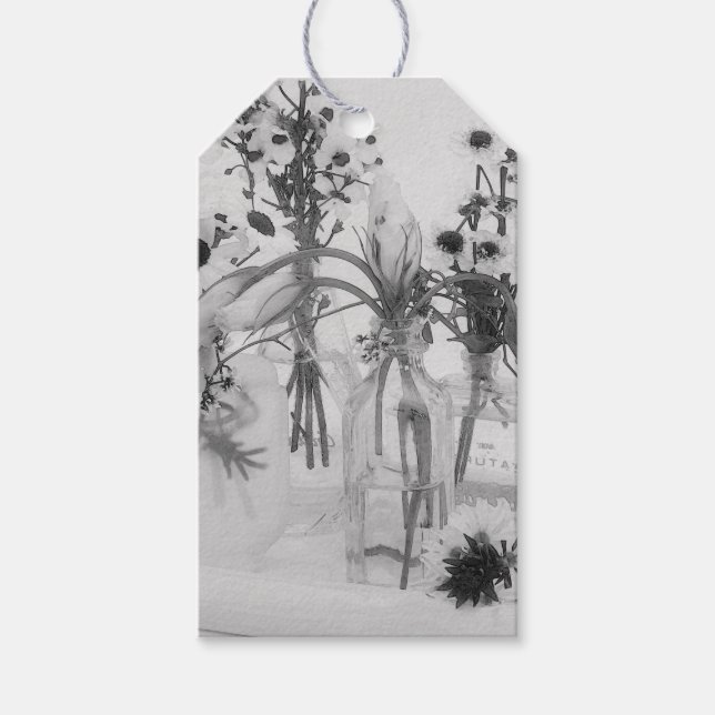Vier Flaschen und weiße Blume Geschenkanhänger (Vorderseite)