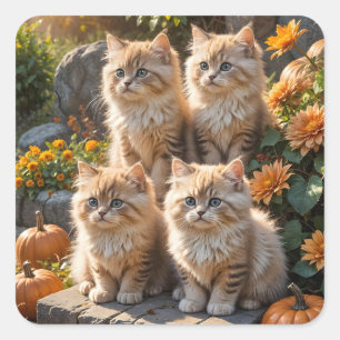 Vier flauschige Herbstkätzchen mit Pumpkins und Mu Quadratischer Aufkleber